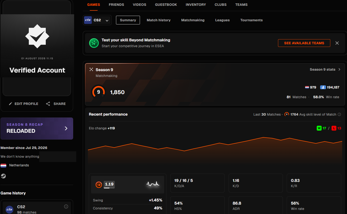 PRIME FACEIT ACCOUNT (9 LVL) 1850 ELO-photo-1
